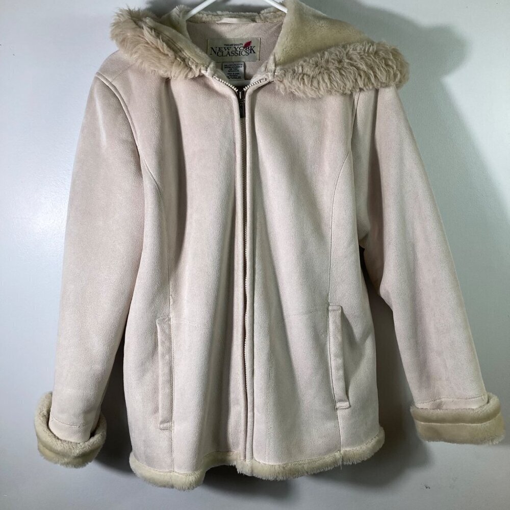Womens Vintage New York Classics‎ FauxSuede Fur Lined Hooded Penny Lane Jacket L